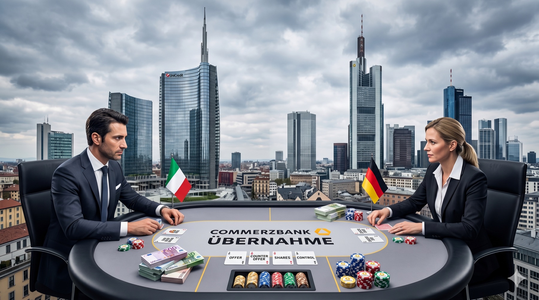 UniCredit-Tower in Mailand und Commerzbank-Tower in Frankfurt mit Pokerszene im Vordergrund: italienischer Bieter und deutsche Verteidigerin am Übernahme-Pokertisch.
